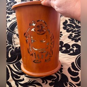 Pyrat Rum XO Buddha reserve wooden gift box with empty rum bottle.